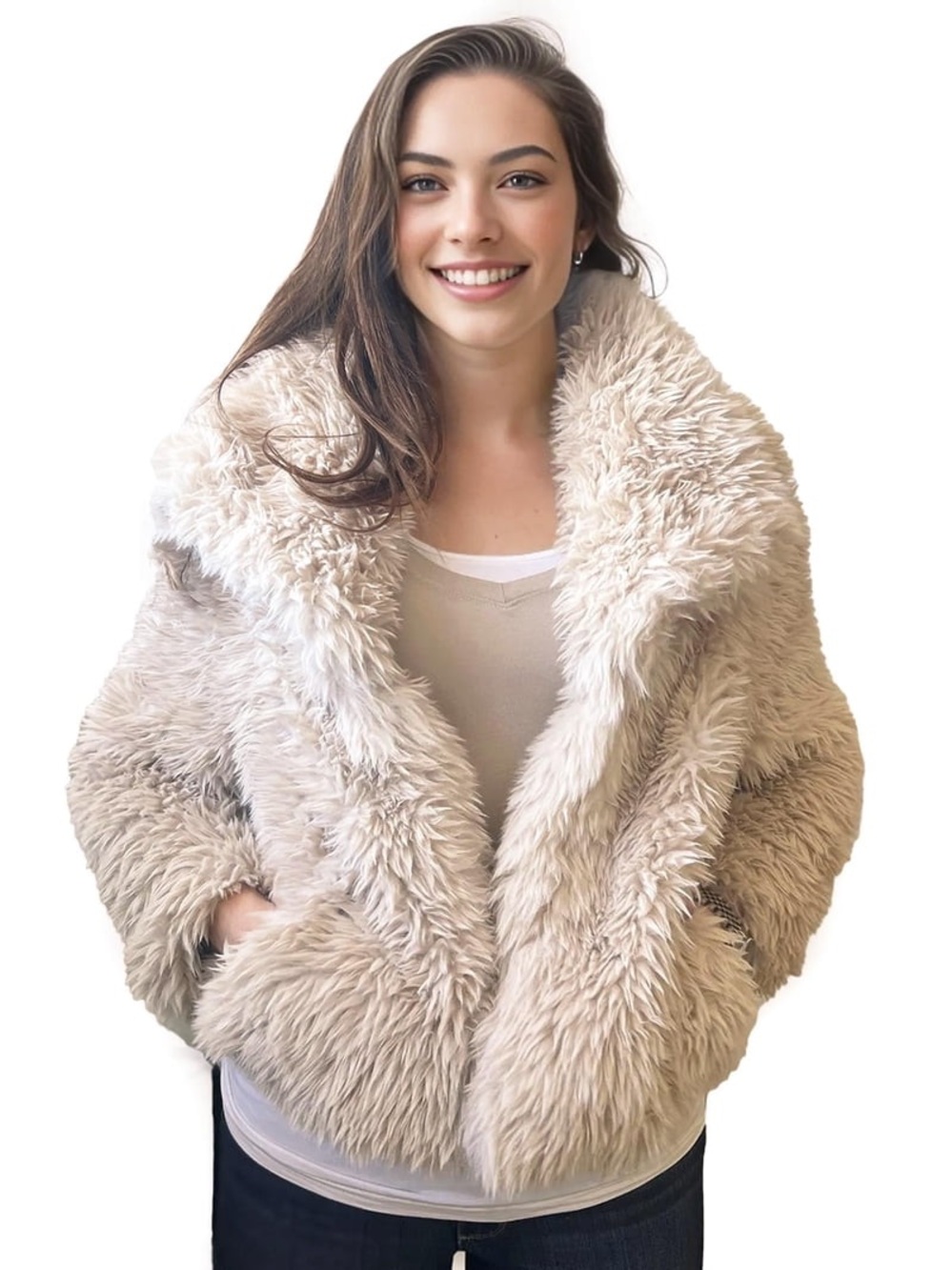 Love Tree Faux Fur Jacket in Beige Cream